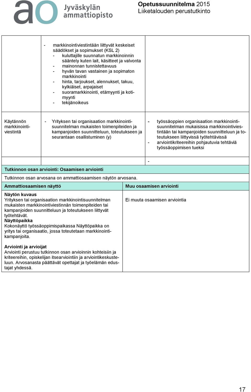 Yrityksen tai organisaation markkinointisuunnitelman mukaisten toimenpiteiden ja kampanjoiden suunnitteluun, toteutukseen ja seurantaan osallistuminen (y) - työssäoppien organisaation