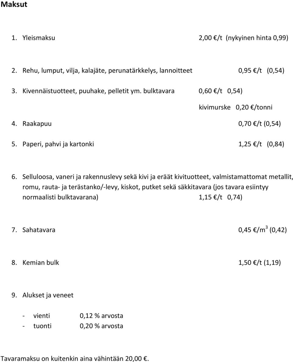 Selluloosa, vaneri ja rakennuslevy sekä kivi ja eräät kivituotteet, valmistamattomat metallit, romu, rauta- ja terästanko/-levy, kiskot, putket sekä säkkitavara (jos tavara