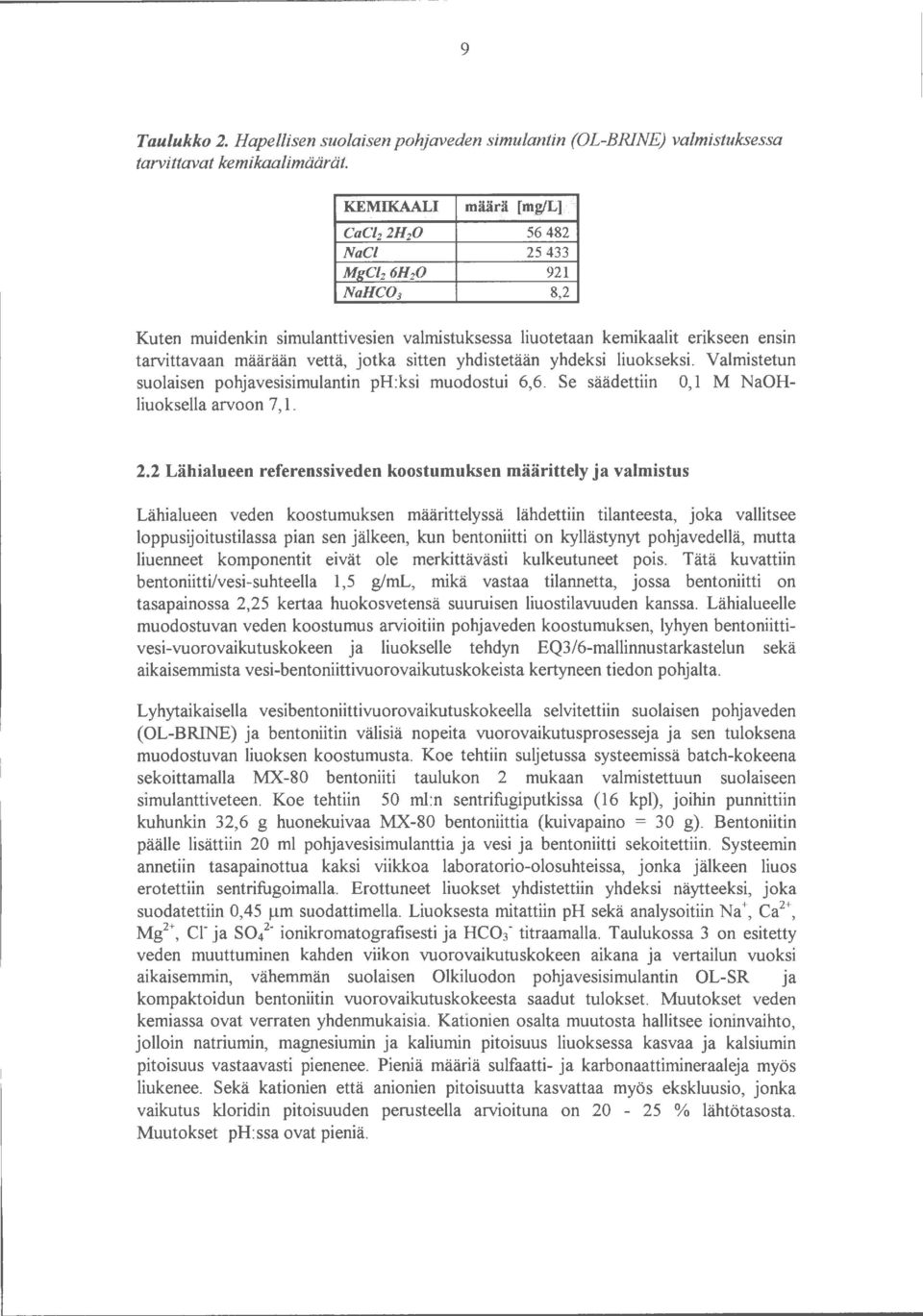 Valmistetun suolaisen pohjavesisimulantin ph:ksi muodostui 6,6. Se säädettiin 0,1 M NaOHliuoksella arvoon 7, 1. 2.