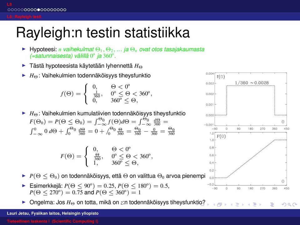 todennäköisyys tiheysfunktio F(Θ 0) = P(Θ Θ 0) = Θ 0 f (Θ)dΘ = Θ 0 dθ 360 = 0 0 dθ + Θ 0 dθ 0 360 = 0 + /Θ 0 Θ 0 360 = Θ 0 360 0 360 = Θ 0 360 F(Θ) = 0, Θ < 0 o Θ 360, 0o Θ < 360 o,