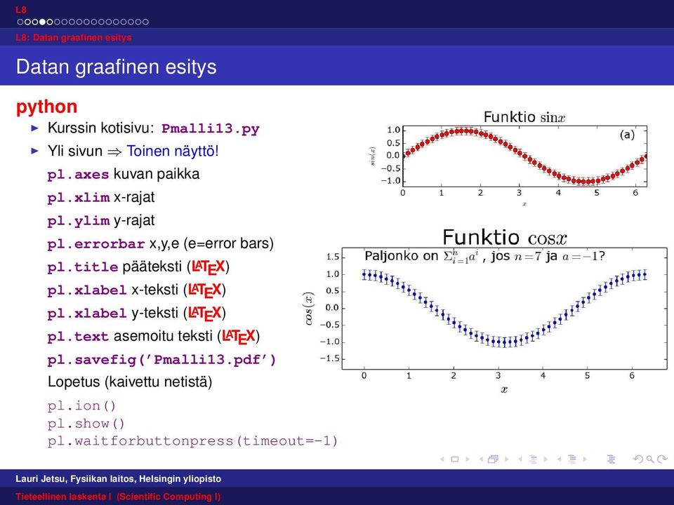 errorbar x,y,e (e=error bars) pl.title pääteksti (LAT E X) pl.xlabel x-teksti (LAT E X) pl.