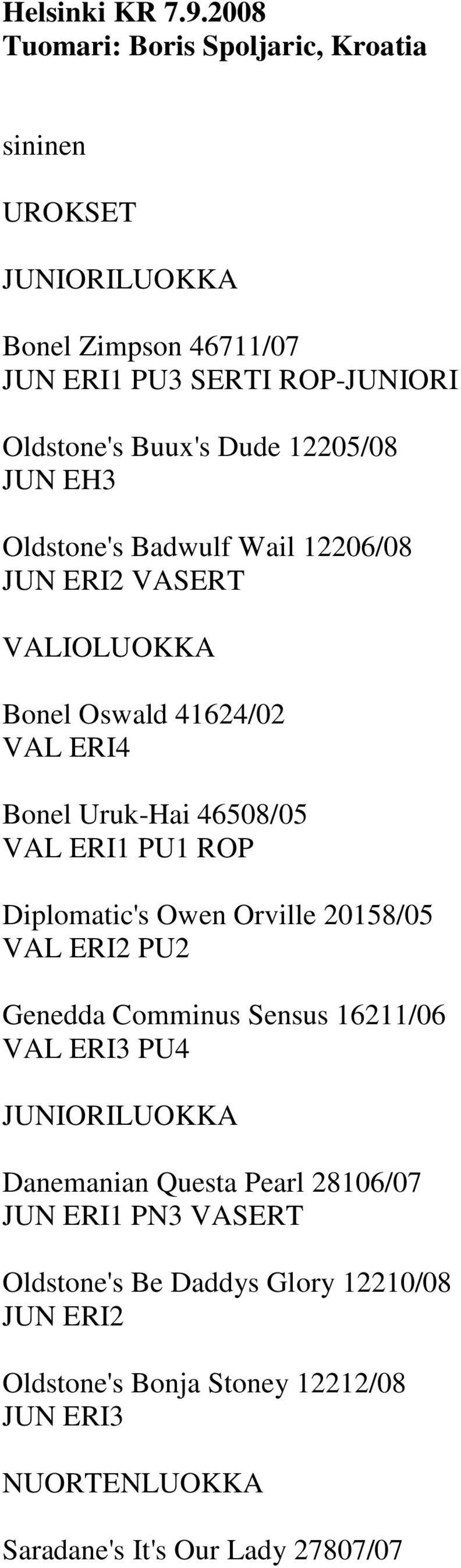 JUN EH3 Oldstone's Badwulf Wail 12206/08 JUN ERI2 VASERT Bonel Oswald 41624/02 VAL ERI4 Bonel Uruk-Hai 46508/05 VAL ERI1 PU1 ROP Diplomatic's