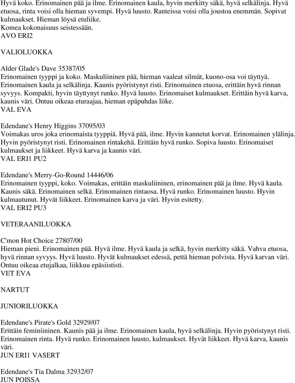 Maskuliininen pää, hieman vaaleat silmät, kuono-osa voi täyttyä. Erinomainen kaula ja selkälinja. Kaunis pyöristynyt risti. Erinomainen etuosa, erittäin hyvä rinnan syvyys.