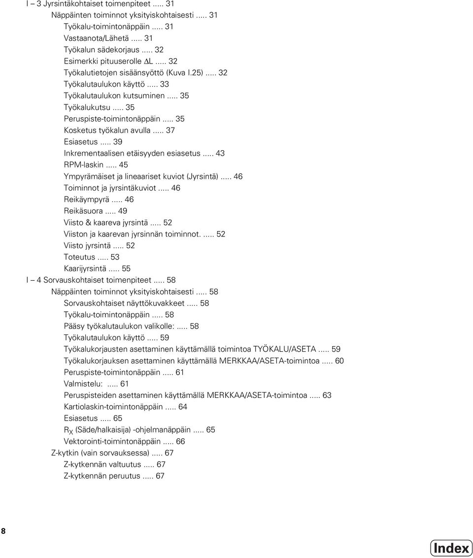 .. 37 Esiasetus... 39 Inkrementaalisen etäisyyden esiasetus... 43 RPM-laskin... 45 Ympyrämäiset ja lineaariset kuviot (Jyrsintä)... 46 Toiminnot ja jyrsintäkuviot... 46 Reikäympyrä... 46 Reikäsuora.