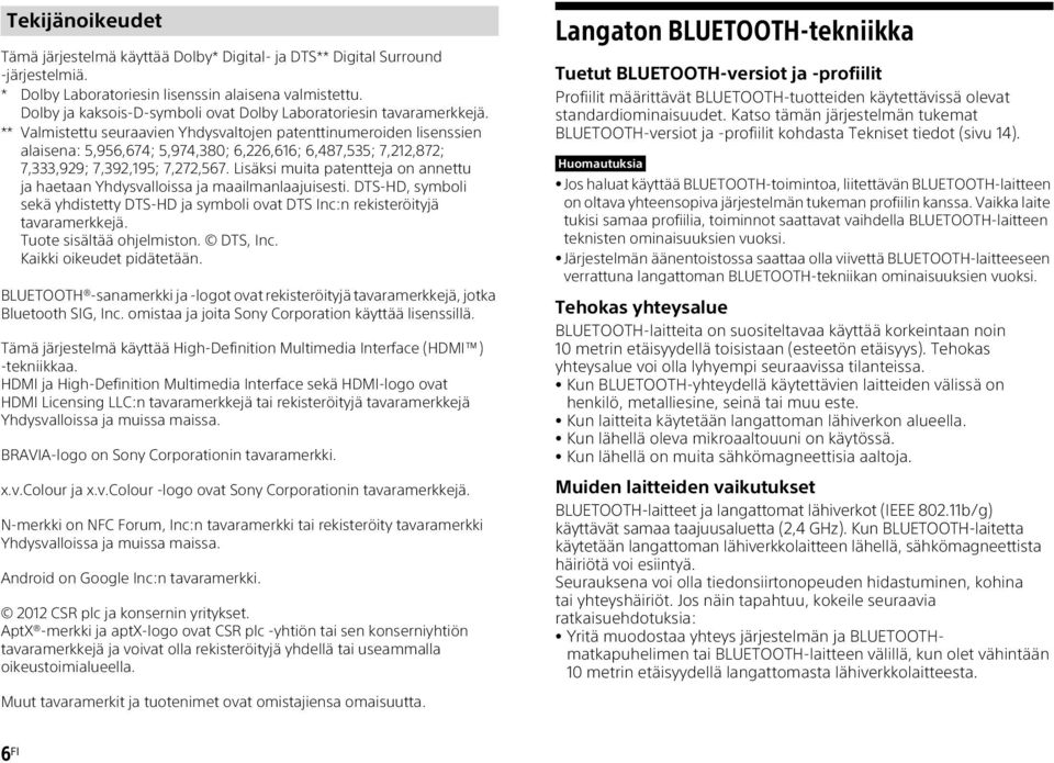 ** Valmistettu seuraavien Yhdysvaltojen patenttinumeroiden lisenssien alaisena: 5,956,674; 5,974,380; 6,226,616; 6,487,535; 7,212,872; 7,333,929; 7,392,195; 7,272,567.