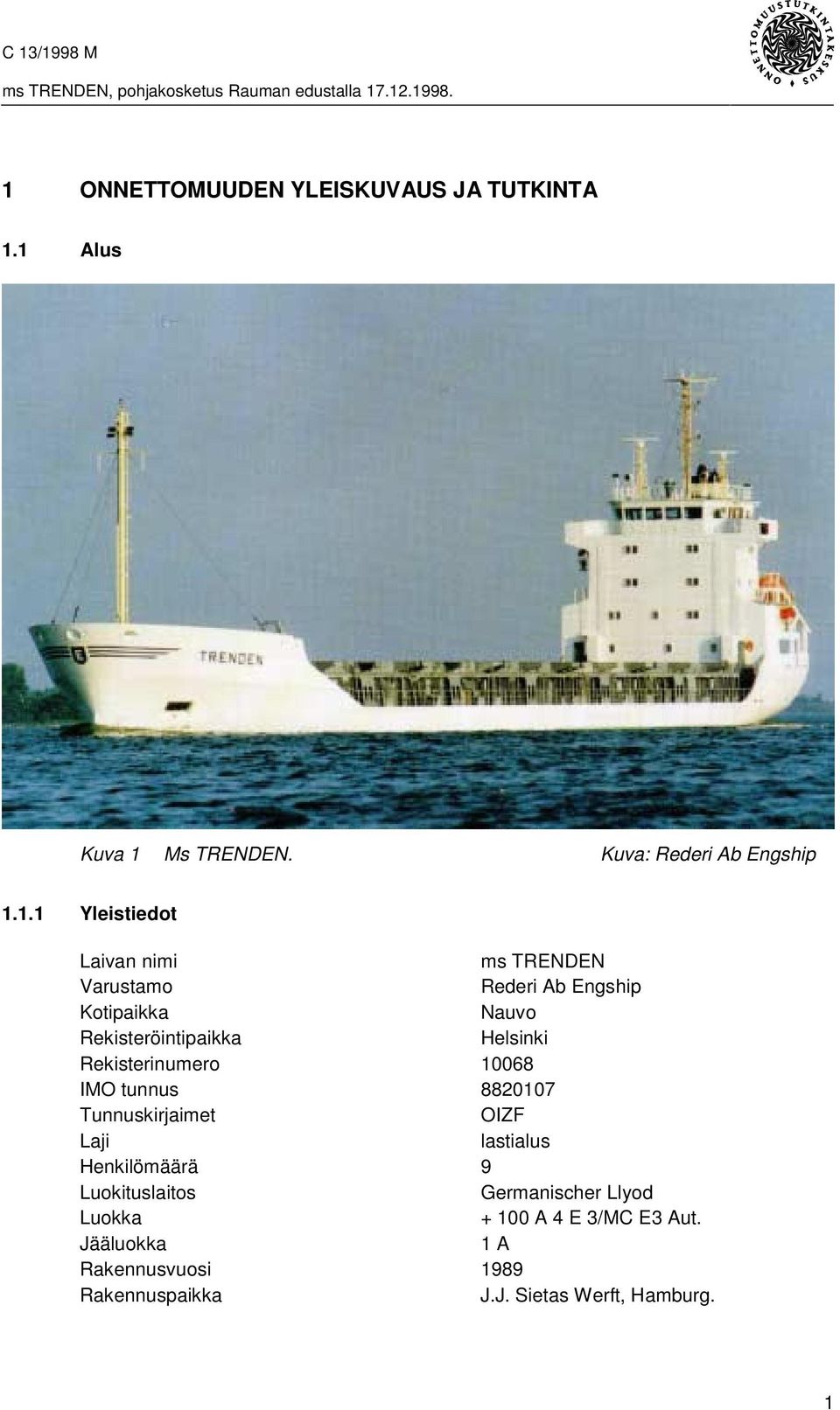 Rekisterinumero 10068 IMO tunnus 8820107 Tunnuskirjaimet OIZF Laji lastialus Henkilömäärä 9 Luokituslaitos