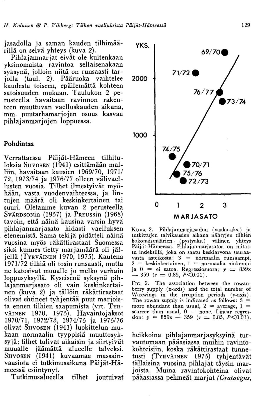 muuttuvan vaelluskauden aikana, mm puutarhamarjojen osuus kasvaa pihlajanmarjojen loppuessa Pohdintaa Verrattaessa PäijätHämeen tilhituloksia SIIVOSEN (1941) esittämään malliin, havaitaan kausien