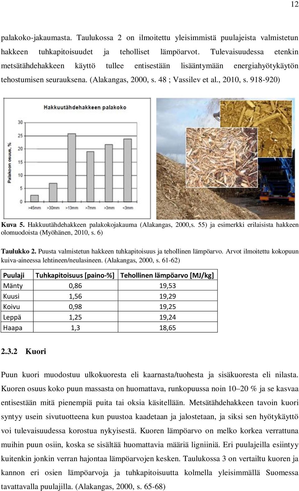 Hakkuutähdehakkeen palakokojakauma (Alakangas, 2000,s. 55) ja esimerkki erilaisista hakkeen olomuodoista (Myöhänen, 2010, s. 6) Taulukko 2.