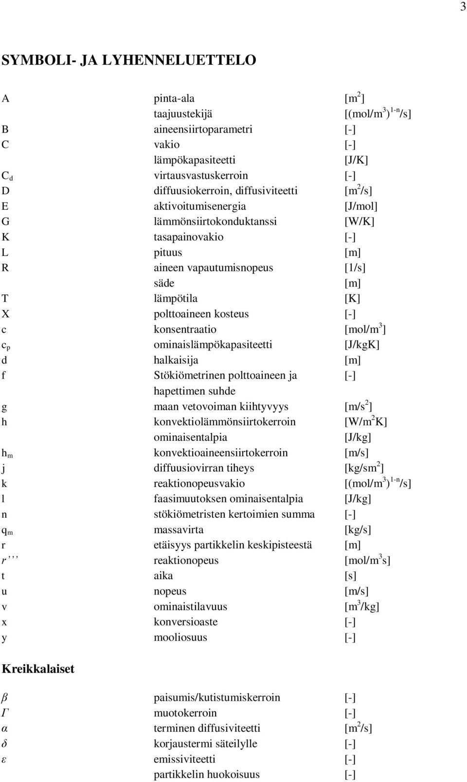 kosteus [-] c konsentraatio [mol/m 3 ] c p ominaislämpökapasiteetti [J/kgK] d halkaisija [m] f Stökiömetrinen polttoaineen ja [-] hapettimen suhde g maan vetovoiman kiihtyvyys [m/s 2 ] h