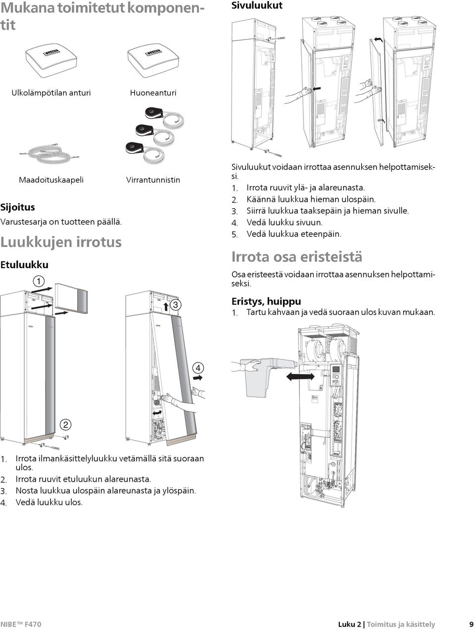 4. Vedä luukku sivuun. 5. Vedä luukkua eteenpäin. Irrota osa eristeistä Osa eristeestä voidaan irrottaa asennuksen helpottamiseksi. Eristys, huippu 1. Tartu kahvaan ja vedä suoraan ulos kuvan mukaan.