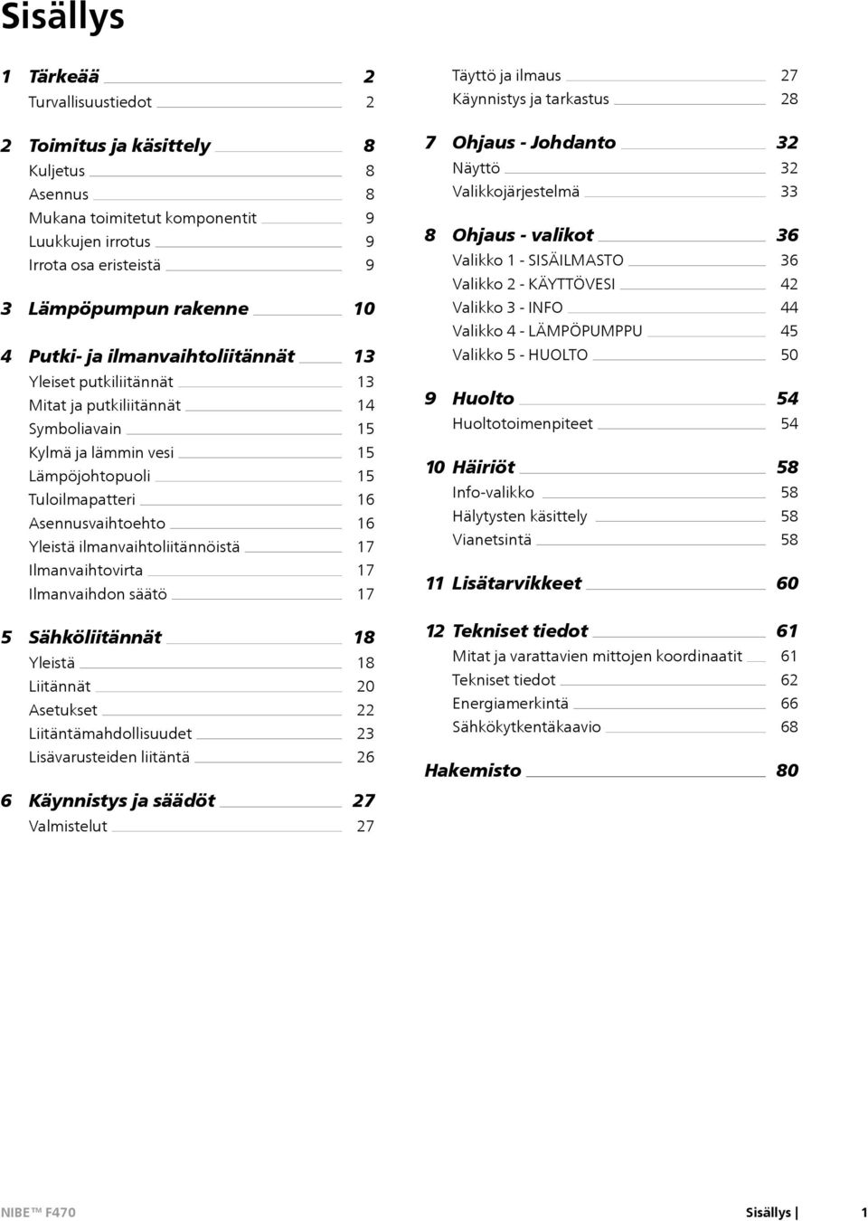 LÄMPÖPUMPPU 36 36 42 44 45 4 Putki- ja ilmanvaihtoliitännät 13 Valikko 5 - HUOLTO 50 Yleiset putkiliitännät Mitat ja putkiliitännät Symboliavain 13 14 15 9 Huolto Huoltotoimenpiteet 54 54 Kylmä ja