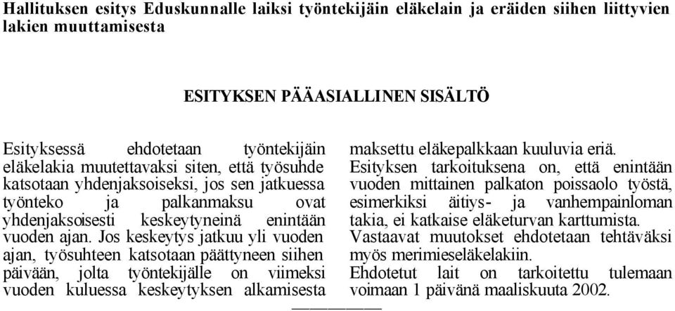 Jos keskeytys jatkuu yli vuoden ajan, työsuhteen katsotaan päättyneen siihen päivään, jolta työntekijälle on viimeksi vuoden kuluessa keskeytyksen alkamisesta maksettu eläkepalkkaan kuuluvia eriä.