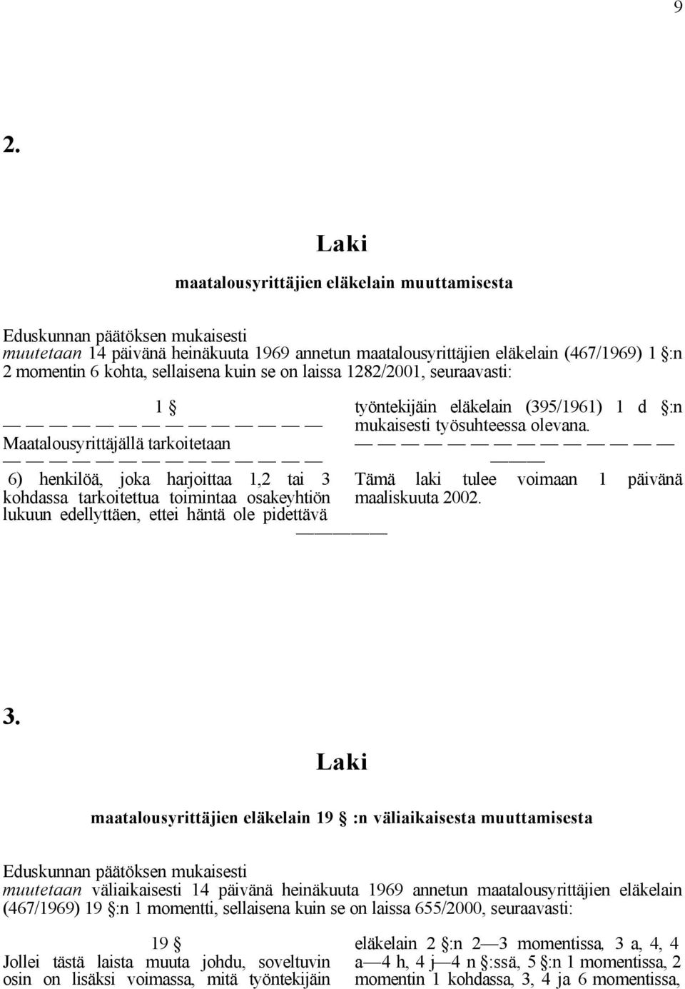 häntä ole pidettävä työntekijäin eläkelain (395/1961) 1 d :n mukaisesti työsuhteessa olevana. Tämä laki tulee voimaan 1 päivänä maaliskuuta 2002. 3.