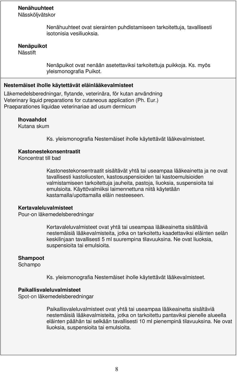 Nestemäiset iholle käytettävät eläinlääkevalmisteet Läkemedelsberedningar, flytande, veterinära, för kutan användning Veterinary liquid preparations for cutaneous application (Ph. Eur.