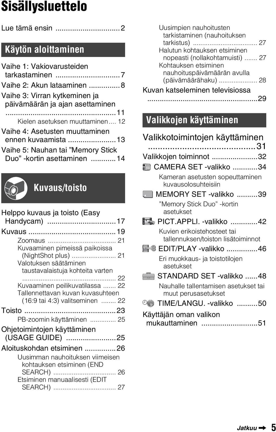 ..14 Kuvaus/toisto Helppo kuvaus ja toisto (Easy Handycam)...17 Kuvaus...19 Zoomaus... 21 Kuvaaminen pimeissä paikoissa (NightShot plus)... 21 Valotuksen säätäminen taustavalaistuja kohteita varten.