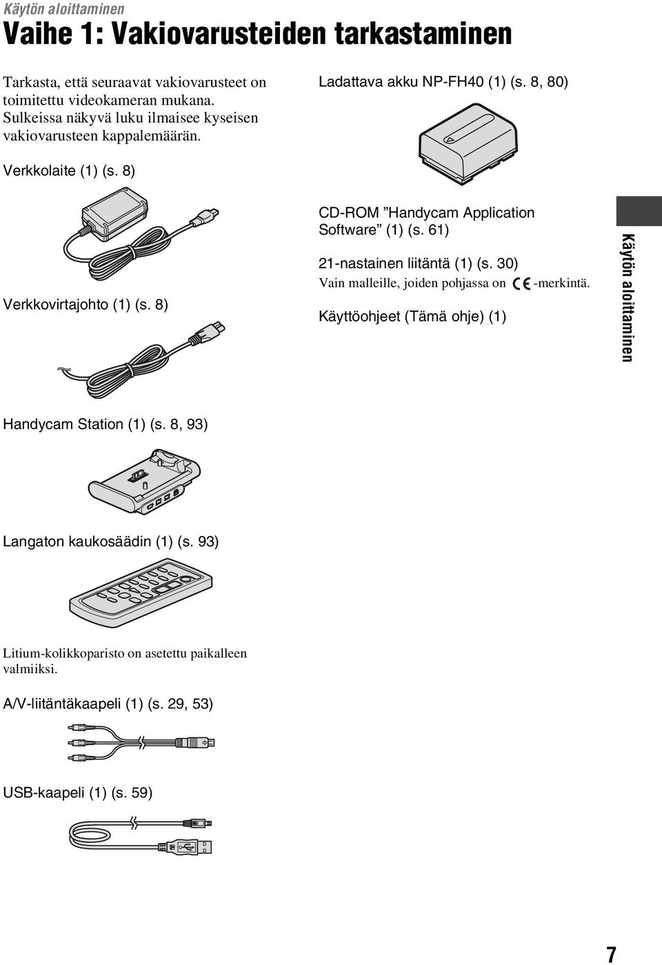 8) CD-ROM Handycam Application Software (1) (s. 61) 21-nastainen liitäntä (1) (s. 30) Vain malleille, joiden pohjassa on Käyttöohjeet (Tämä ohje) (1) -merkintä.