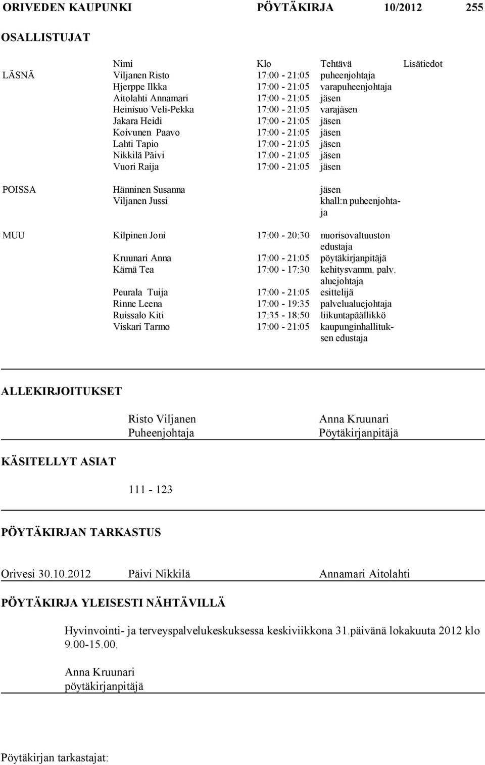 17:00-21:05 jäsen POISSA Hänninen Susanna jäsen Viljanen Jussi khall:n puheenjohtaja MUU Kilpinen Joni 17:00-20:30 nuorisovaltuuston edustaja Kruunari Anna 17:00-21:05 pöytäkirjanpitäjä Kärnä Tea