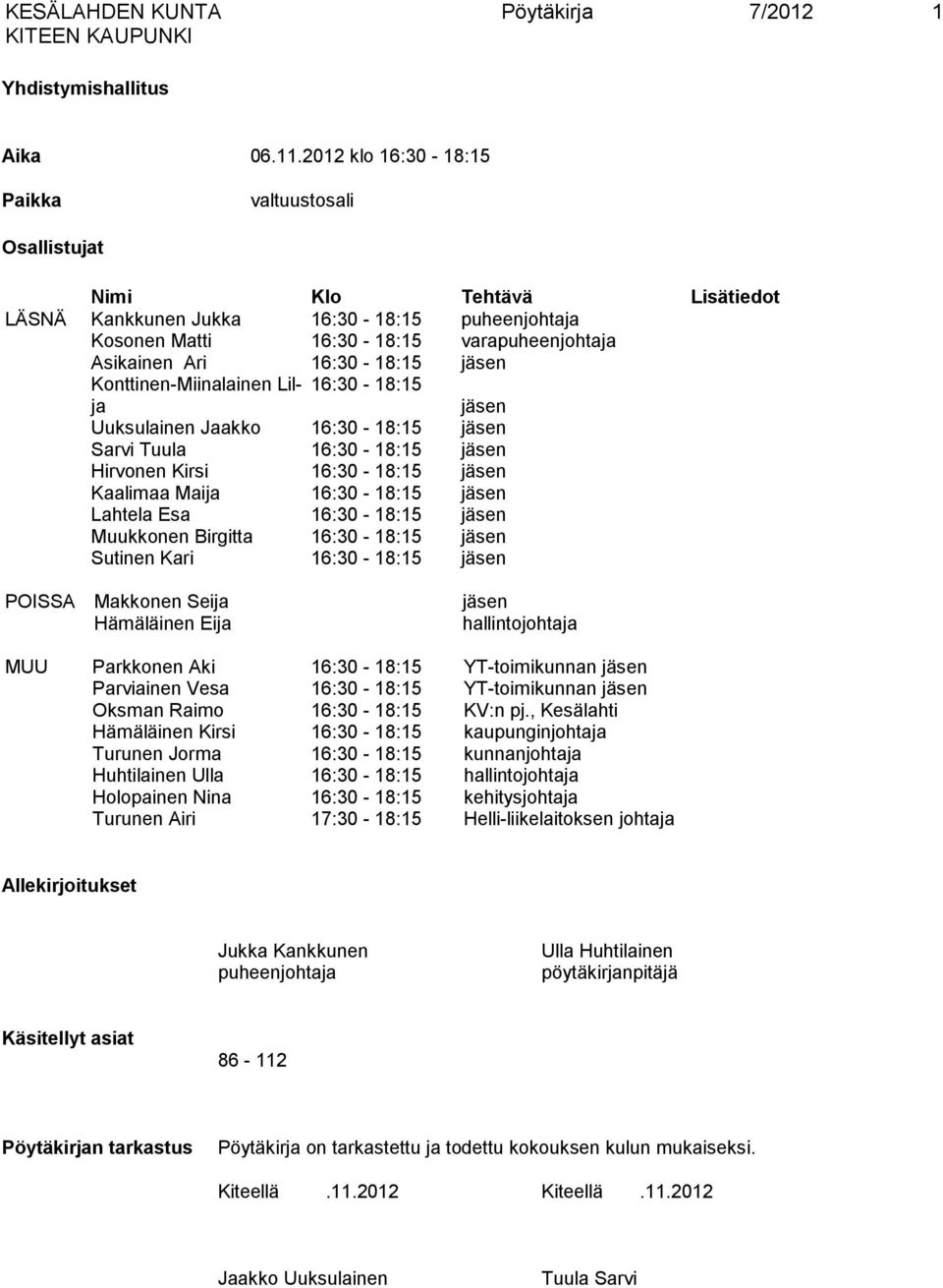 16:30-18:15 jäsen Konttinen-Miinalainen Lilja 16:30-18:15 jäsen Uuksulainen Jaakko 16:30-18:15 jäsen Sarvi Tuula 16:30-18:15 jäsen Hirvonen Kirsi 16:30-18:15 jäsen Kaalimaa Maija 16:30-18:15 jäsen