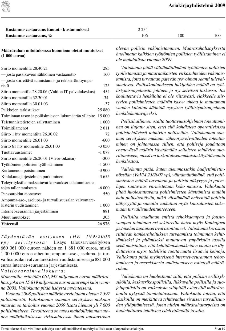 01-34 Siirto momentille 30.01.03-37 Palkkojen tarkistukset 25 880 Toiminnan tason ja poliisimiesten lukumäärän ylläpito 15 000 Teletunnistetietojen säilyttäminen 1 000 Toimitilamenot 2 611 Siirto 1 htv momentilta 26.
