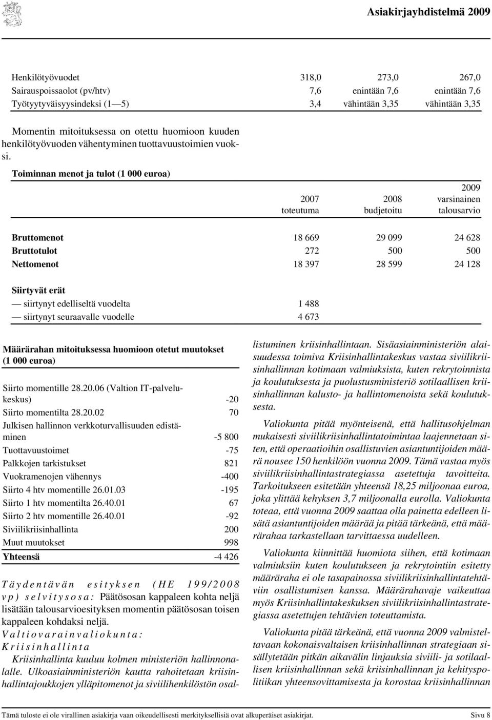 Toiminnan menot ja tulot (1 000 euroa) budjetoitu varsinainen talousarvio Bruttomenot 18 669 29 099 24 628 Bruttotulot 272 500 500 Nettomenot 18 397 28 599 24 128 Siirtyvät erät siirtynyt edelliseltä