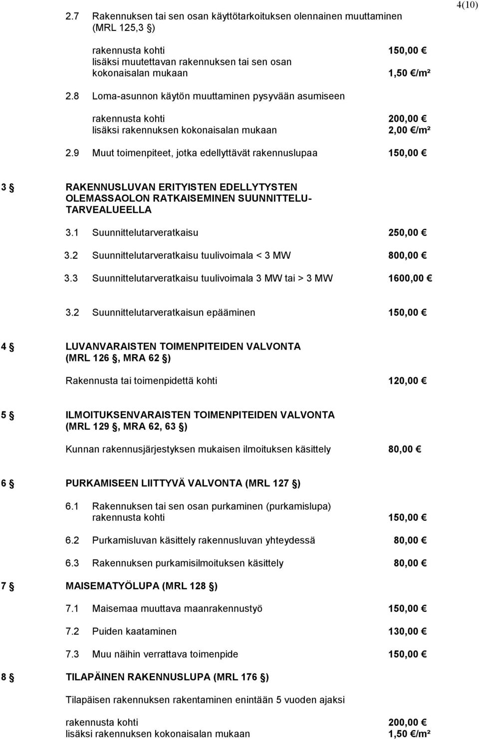 9 Muut toimenpiteet, jotka edellyttävät rakennuslupaa 150,00 3 RAKENNUSLUVAN ERITYISTEN EDELLYTYSTEN OLEMASSAOLON RATKAISEMINEN SUUNNITTELU- TARVEALUEELLA 3.1 Suunnittelutarveratkaisu 250,00 3.