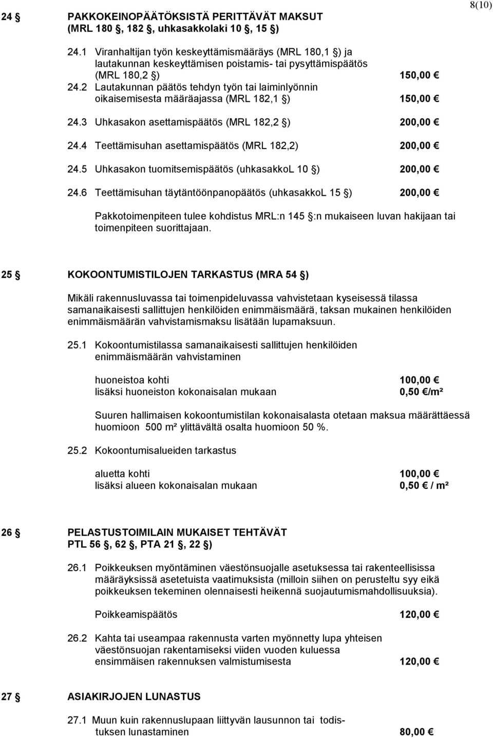 2 Lautakunnan päätös tehdyn työn tai laiminlyönnin oikaisemisesta määräajassa (MRL 182,1 ) 150,00 24.3 Uhkasakon asettamispäätös (MRL 182,2 ) 200,00 24.