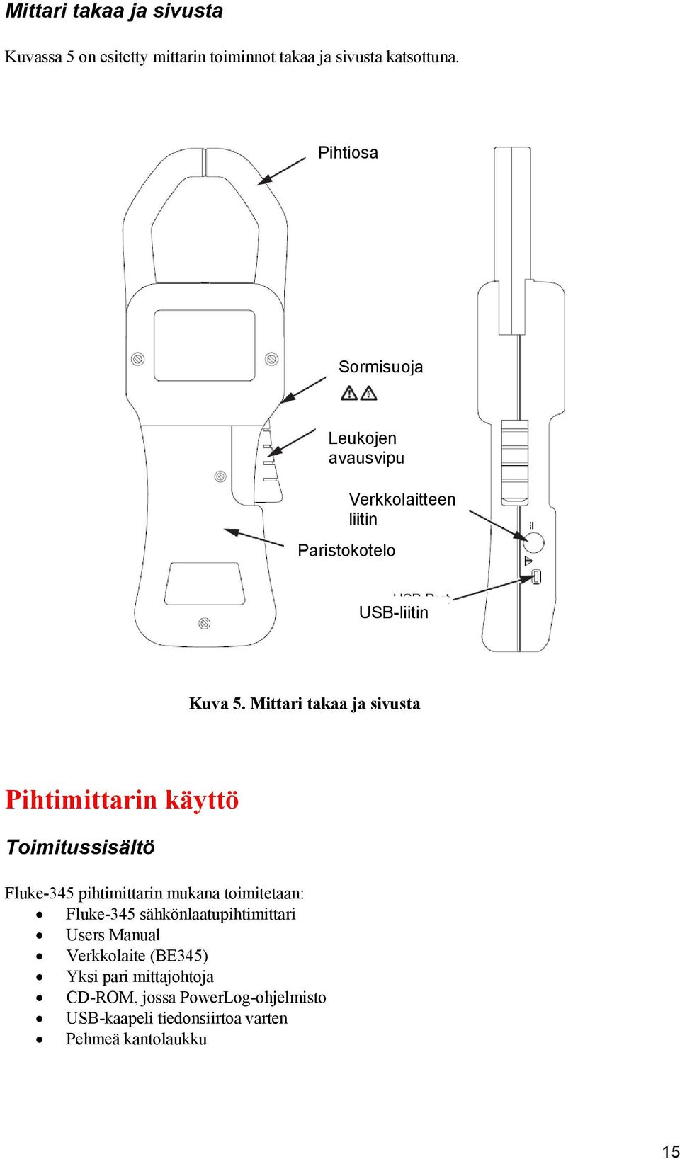 Mittari takaa ja sivusta Pihtimittarin käyttö Toimitussisältö Fluke-345 pihtimittarin mukana toimitetaan: Fluke-345