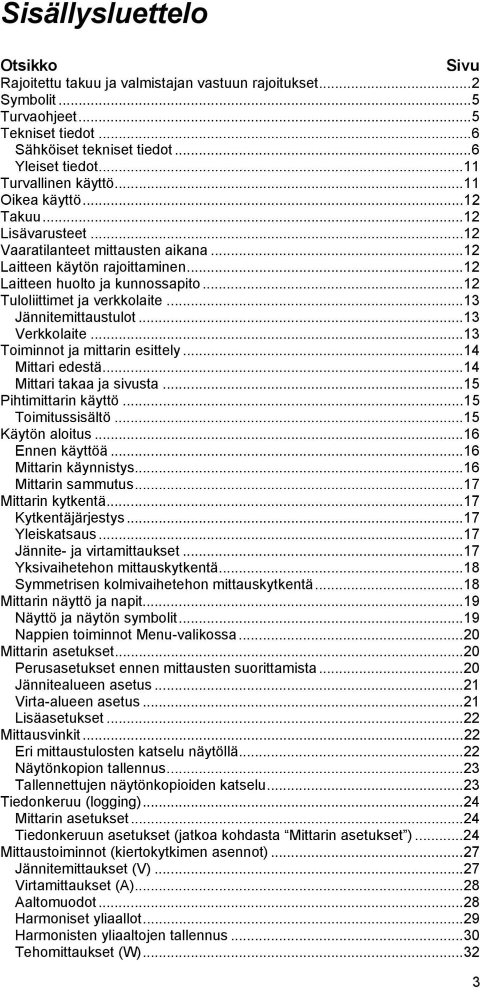 ..12 Tuloliittimet ja verkkolaite...13 Jännitemittaustulot...13 Verkkolaite...13 Toiminnot ja mittarin esittely...14 Mittari edestä...14 Mittari takaa ja sivusta...15 Pihtimittarin käyttö.