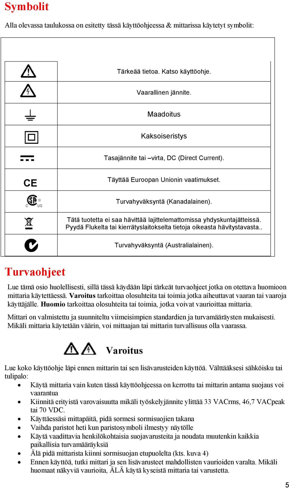 Tätä tuotetta ei saa hävittää lajittelemattomissa yhdyskuntajätteissä. Pyydä Flukelta tai kierrätyslaitokselta tietoja oikeasta hävitystavasta.. Turvahyväksyntä (Australialainen).