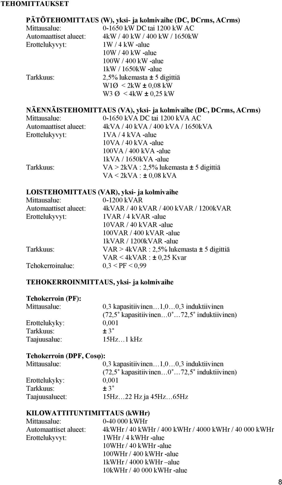 ACrms) Mittausalue: 0-1650 kva DC tai 1200 kva AC Automaattiset alueet: 4kVA / 40 kva / 400 kva / 1650kVA Erottelukyvyt: 1VA / 4 kva -alue 10VA / 40 kva -alue 100VA / 400 kva -alue 1kVA / 1650kVA