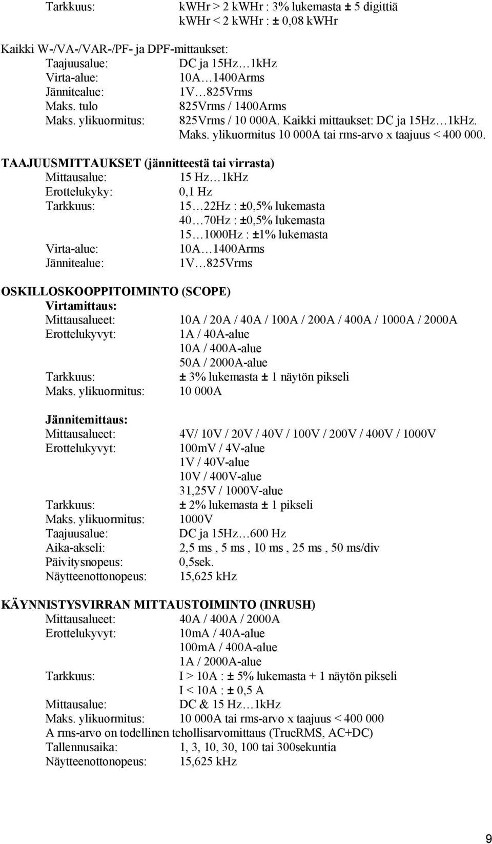 TAAJUUSMITTAUKSET (jännitteestä tai virrasta) Mittausalue: 15 Hz 1kHz Erottelukyky: 0,1 Hz Tarkkuus: 15 22Hz : ±0,5% lukemasta 40 70Hz : ±0,5% lukemasta 15 1000Hz : ±1% lukemasta Virta-alue: 10A