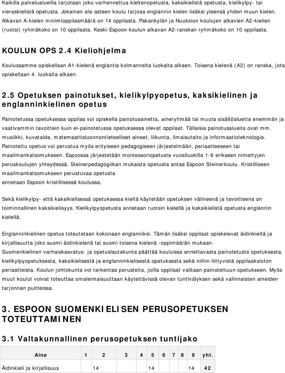 Pakankylän ja Nuuksion koulujen alkavien A2-kielien (ruotsi) ryhmäkoko on 10 oppilasta. Keski-Espoon koulun alkavan A2-ranskan ryhmäkoko on 10 oppilasta. KOULUN OPS 2.