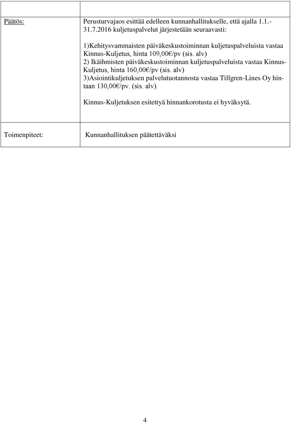 hinta 109,00 /pv (sis. alv) 2) Ikäihmisten päiväkeskustoiminnan kuljetuspalveluista vastaa Kinnus- Kuljetus, hinta 160,00 /pv (sis.