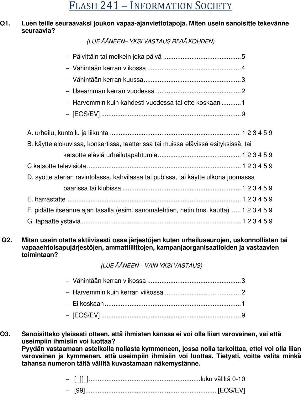 ..2 Harvemmin kuin kahdesti vuodessa tai ette koskaan...1 A. urheilu, kuntoilu ja liikunta... 1 2 3 4 5 9 B.