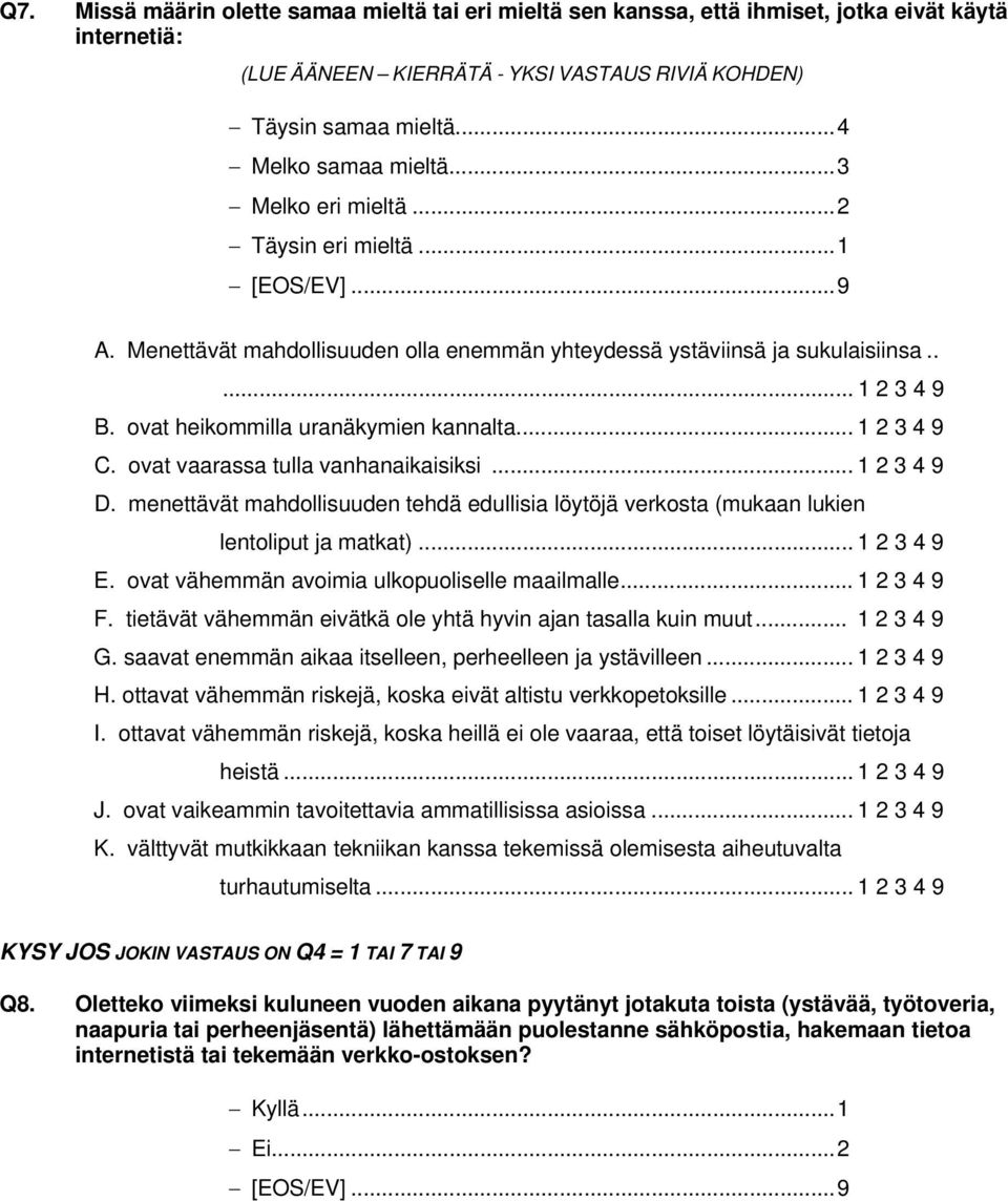 ovat vaarassa tulla vanhanaikaisiksi... 1 2 3 4 9 D. menettävät mahdollisuuden tehdä edullisia löytöjä verkosta (mukaan lukien lentoliput ja matkat)... 1 2 3 4 9 E.