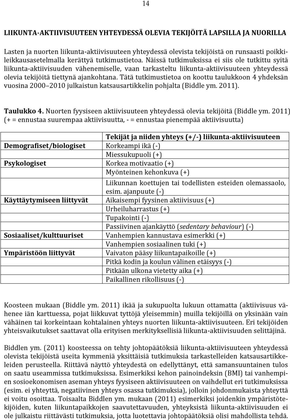 Tätä tutkimustietoa on koottu taulukkoon 4 yhdeksän vuosina 2000 2010 julkaistun katsausartikkelin pohjalta (Biddle ym. 2011). Taulukko 4.