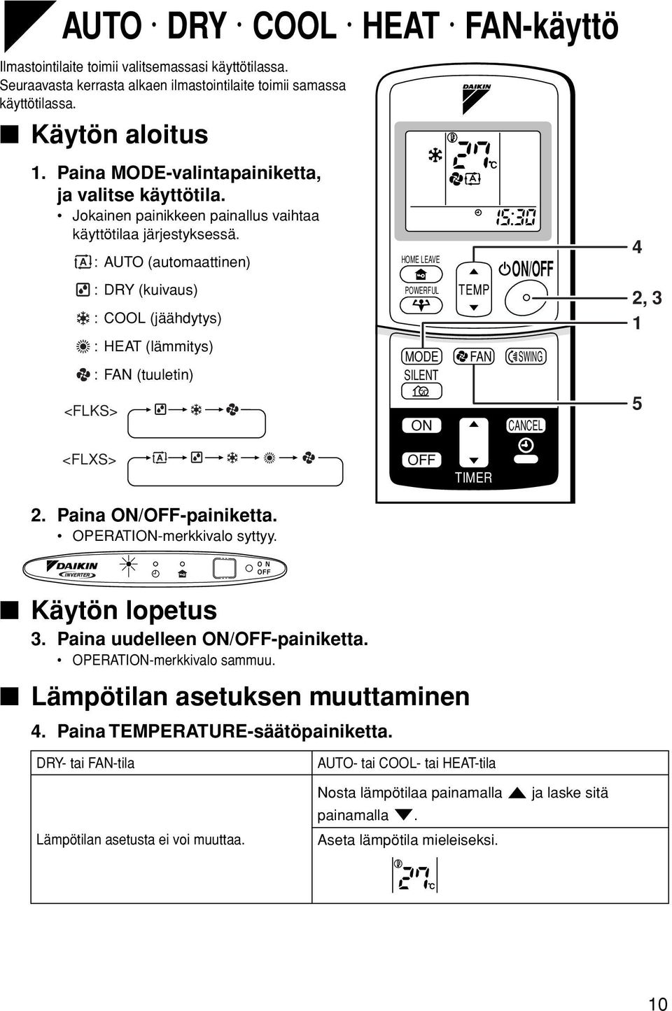 :AUTO (automaattinen) :DRY (kuivaus) : COOL (jäähdytys) : HEAT (lämmitys) :FAN (tuuletin) <FLKS> HOME LEAVE POWERFUL MODE SILENT ON TEMP FAN C ON/OFF SWING CANCEL 4 2, 3 1 5 <FLXS> 2.