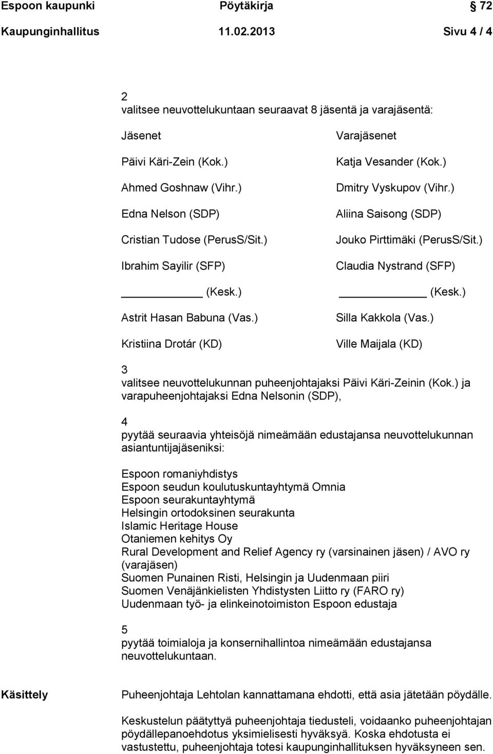 ) Aliina Saisong (SDP) Jouko Pirttimäki (PerusS/Sit.) Claudia Nystrand (SFP) (Kesk.) Silla Kakkola (Vas.) Ville Maijala (KD) 3 valitsee neuvottelukunnan puheenjohtajaksi Päivi Käri-Zeinin (Kok.