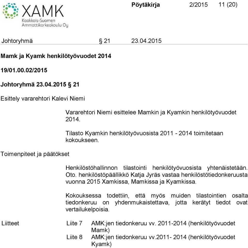 henkilöstöpäällikkö Katja Jyräs vastaa henkilöstötiedonkeruusta vuonna 2015 Xamkissa, Mamkissa ja Kyamkissa.