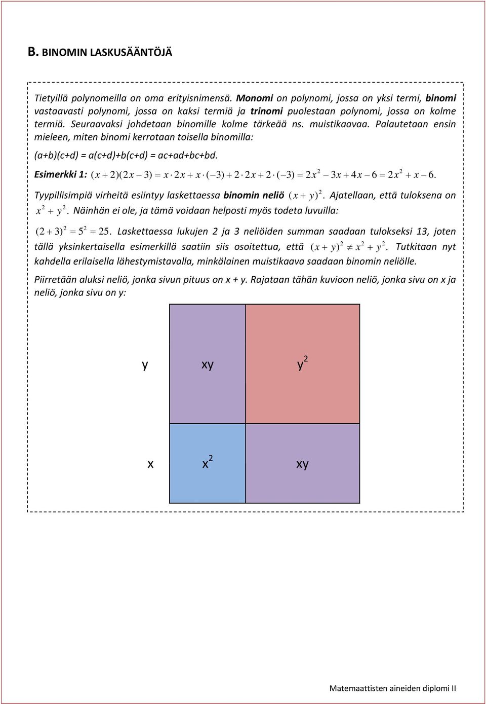 Plutetn ensin mieleen, miten binomi kerrotn toisell binomill: (+b)(c+d) = (c+d)+b(c+d) = c+d+bc+bd. Esimerkki 1: ( x )(x 3) x x x ( 3) x ( 3) x 3x 4x 6 x x 6.