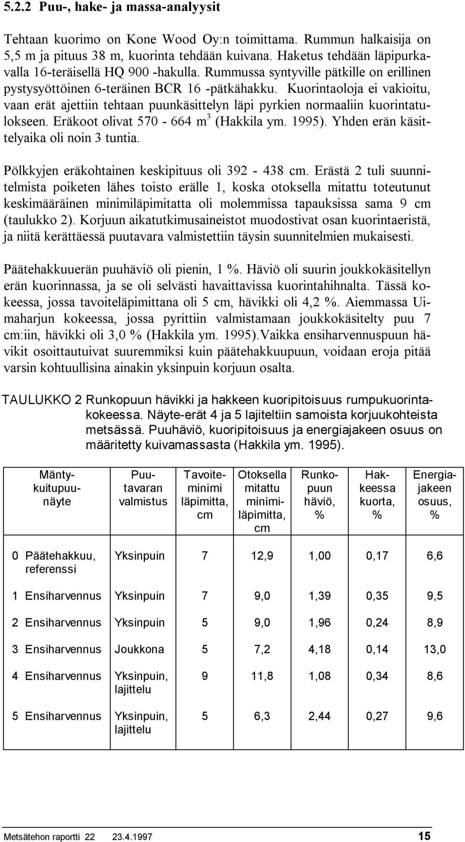 Kuorintaoloja ei vakioitu, vaan erät ajettiin tehtaan puunkäsittelyn läpi pyrkien normaaliin kuorintatulokseen. Eräkoot olivat 570-664 m 3 (Hakkila ym. 1995).