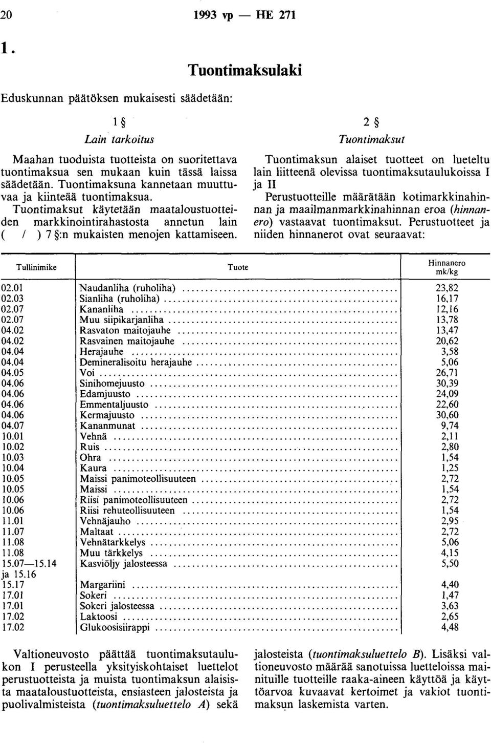 2 Tuontimaksut Tuontimaksun alaiset tuotteet on lueteltu lain liitteenä olevissa tuontimaksutaulukoissa I ja II Perustuotteille määrätään kotimarkkinahinnan ja maailmanmarkkinahinnan eroa (hinnanero)