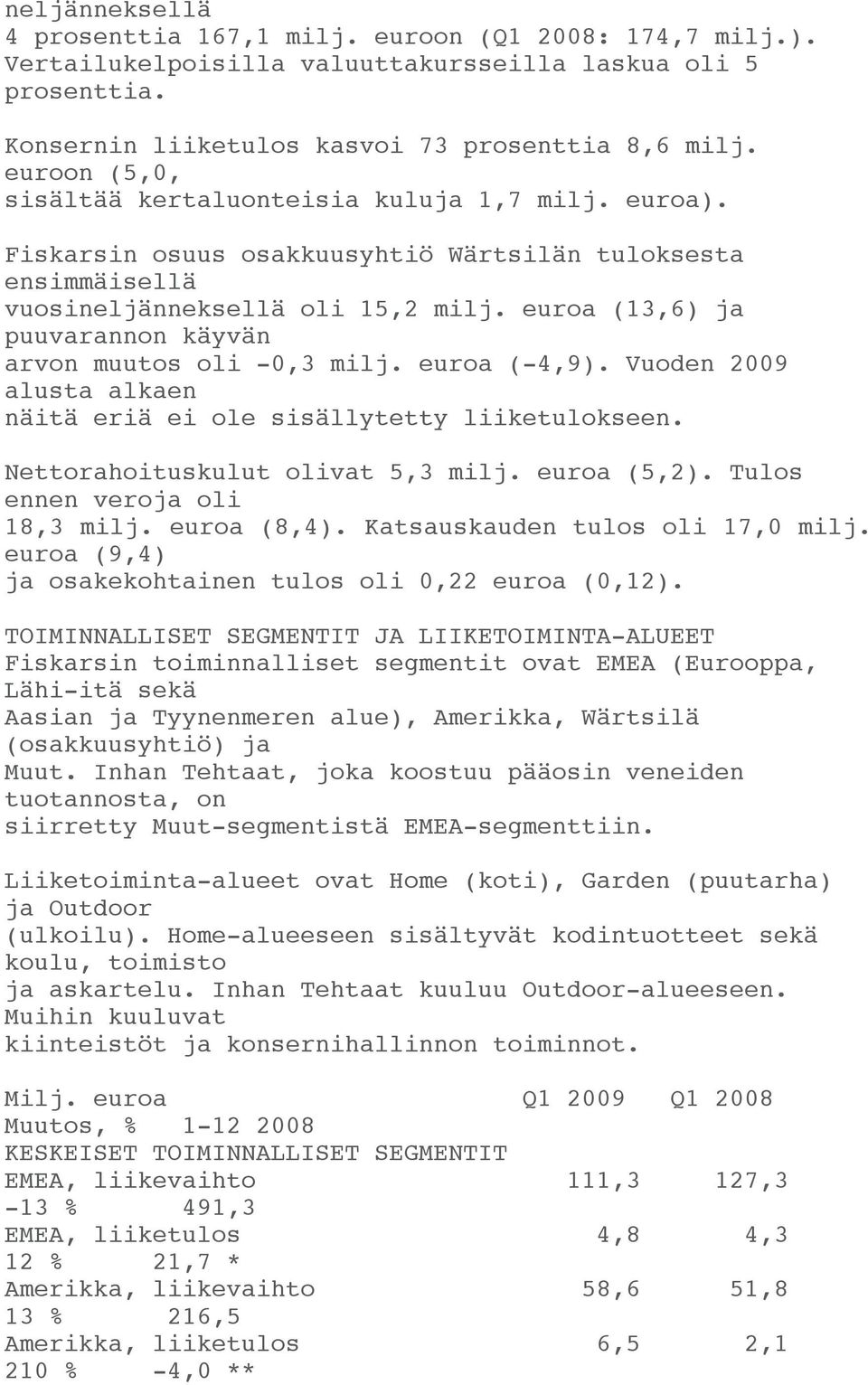 euroa (13,6) ja puuvarannon käyvän arvon muutos oli -0,3 milj. euroa (-4,9). Vuoden 2009 alusta alkaen näitä eriä ei ole sisällytetty liiketulokseen. Nettorahoituskulut olivat 5,3 milj. euroa (5,2).