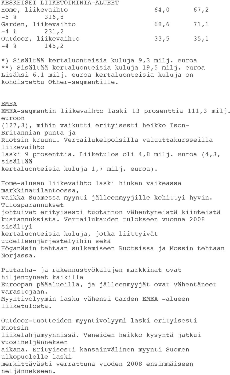 EMEA EMEA-segmentin liikevaihto laski 13 prosenttia 111,3 milj. euroon (127,3), mihin vaikutti erityisesti heikko Ison- Britannian punta ja Ruotsin kruunu.