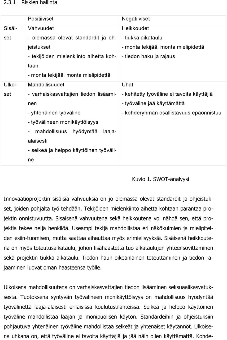 Negatiiviset Heikkoudet - tiukka aikataulu - monta tekijää, monta mielipidettä - tiedon haku ja rajaus Uhat - kehitetty työväline ei tavoita käyttäjiä - työväline jää käyttämättä - kohderyhmän