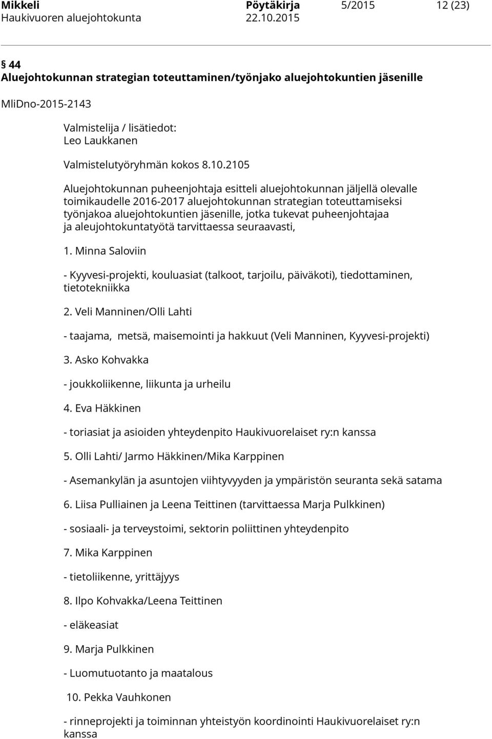 puheenjohtajaa ja aleujohtokuntatyötä tarvittaessa seuraavasti, 1. Minna Saloviin - Kyyvesi-projekti, kouluasiat (talkoot, tarjoilu, päiväkoti), tiedottaminen, tietotekniikka 2.