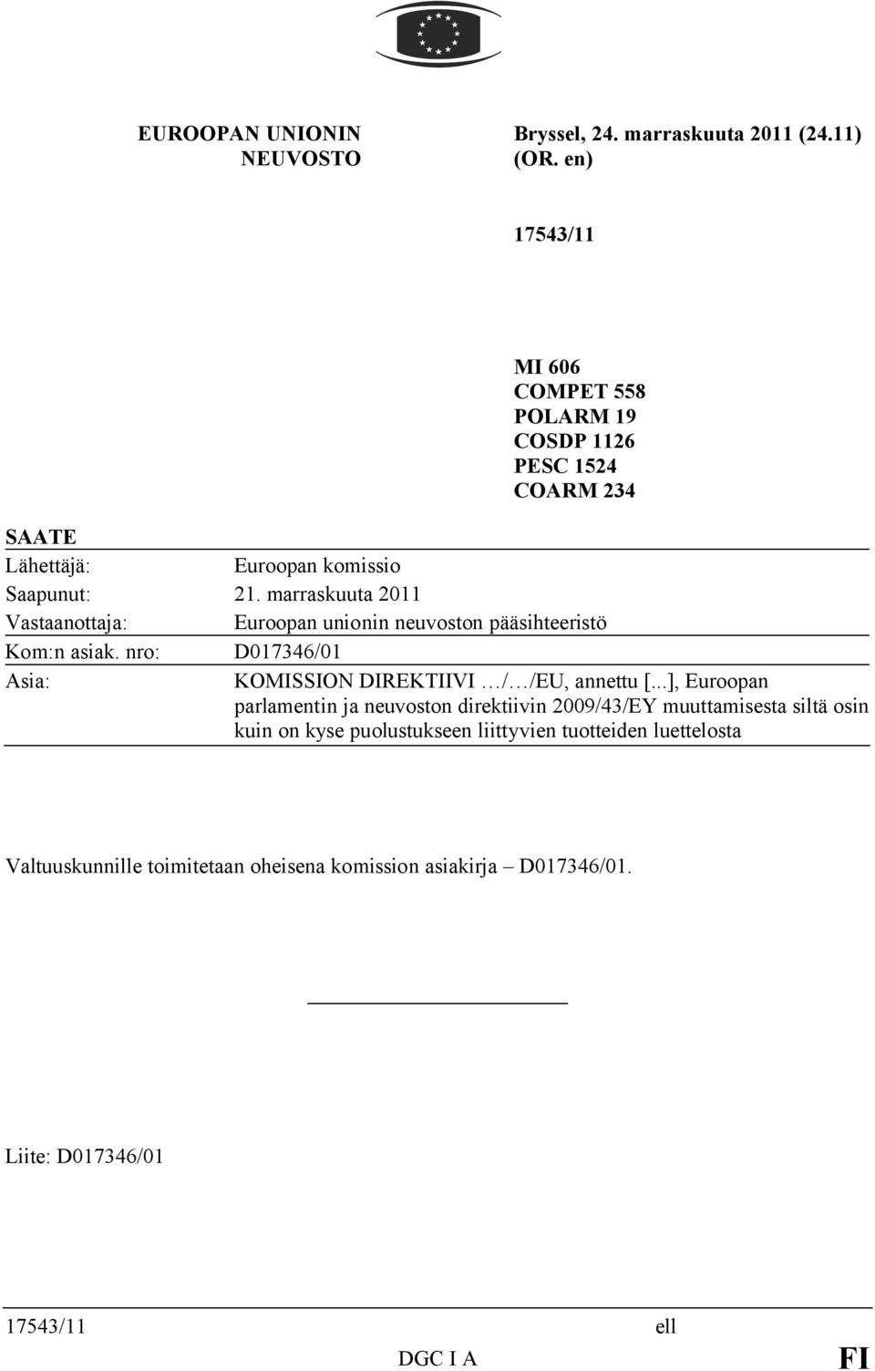 marraskuuta 2011 Vastaanottaja: Euroopan unionin neuvoston pääsihteeristö Kom:n asiak. nro: D017346/01 Asia: KOMISSION DIREKTIIVI / /EU, annettu [.