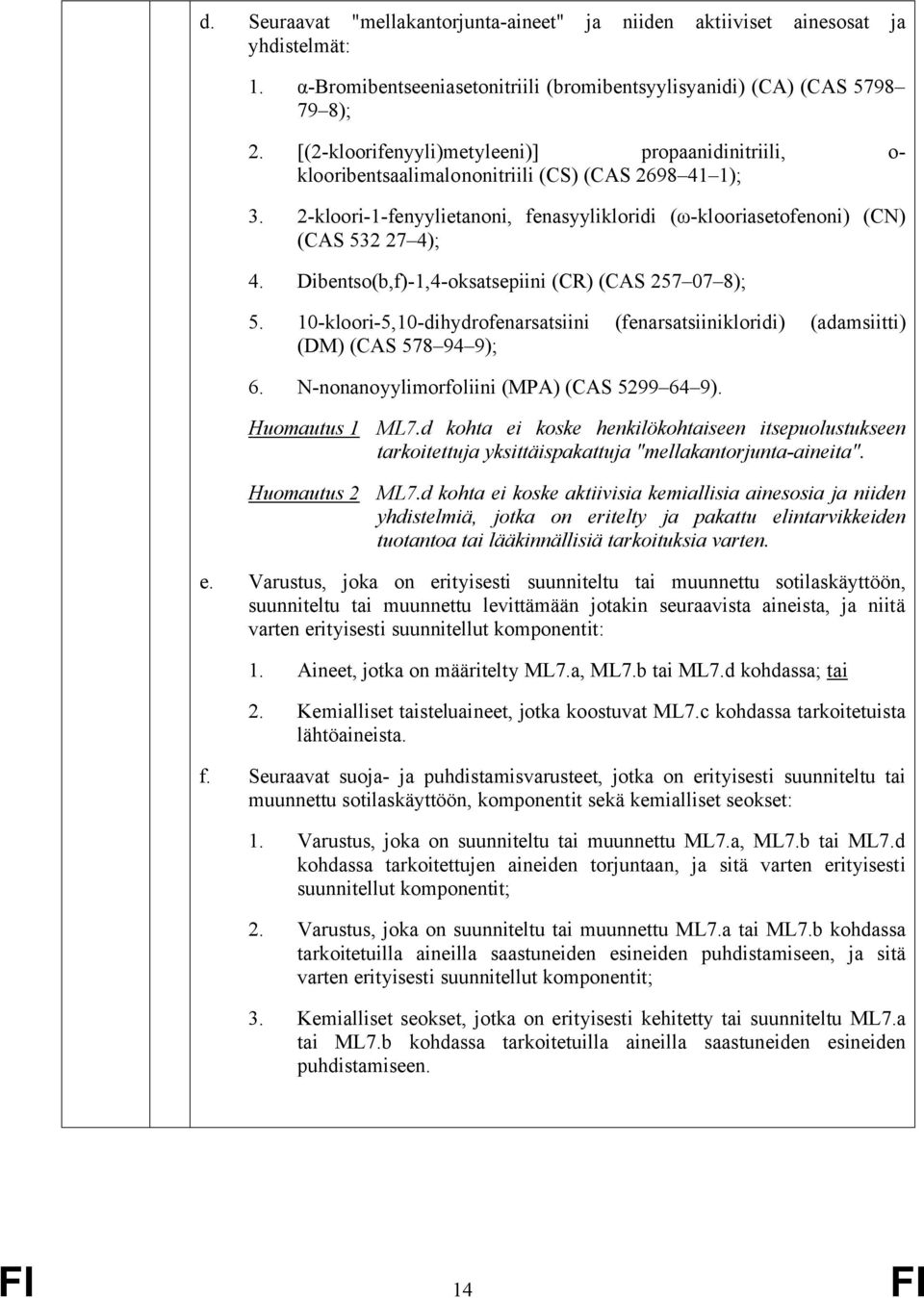 Dibentso(b,f)-1,4-oksatsepiini (CR) (CAS 257 07 8); 5. 10-kloori-5,10-dihydrofenarsatsiini (fenarsatsiinikloridi) (adamsiitti) (DM) (CAS 578 94 9); 6. N-nonanoyylimorfoliini (MPA) (CAS 5299 64 9).