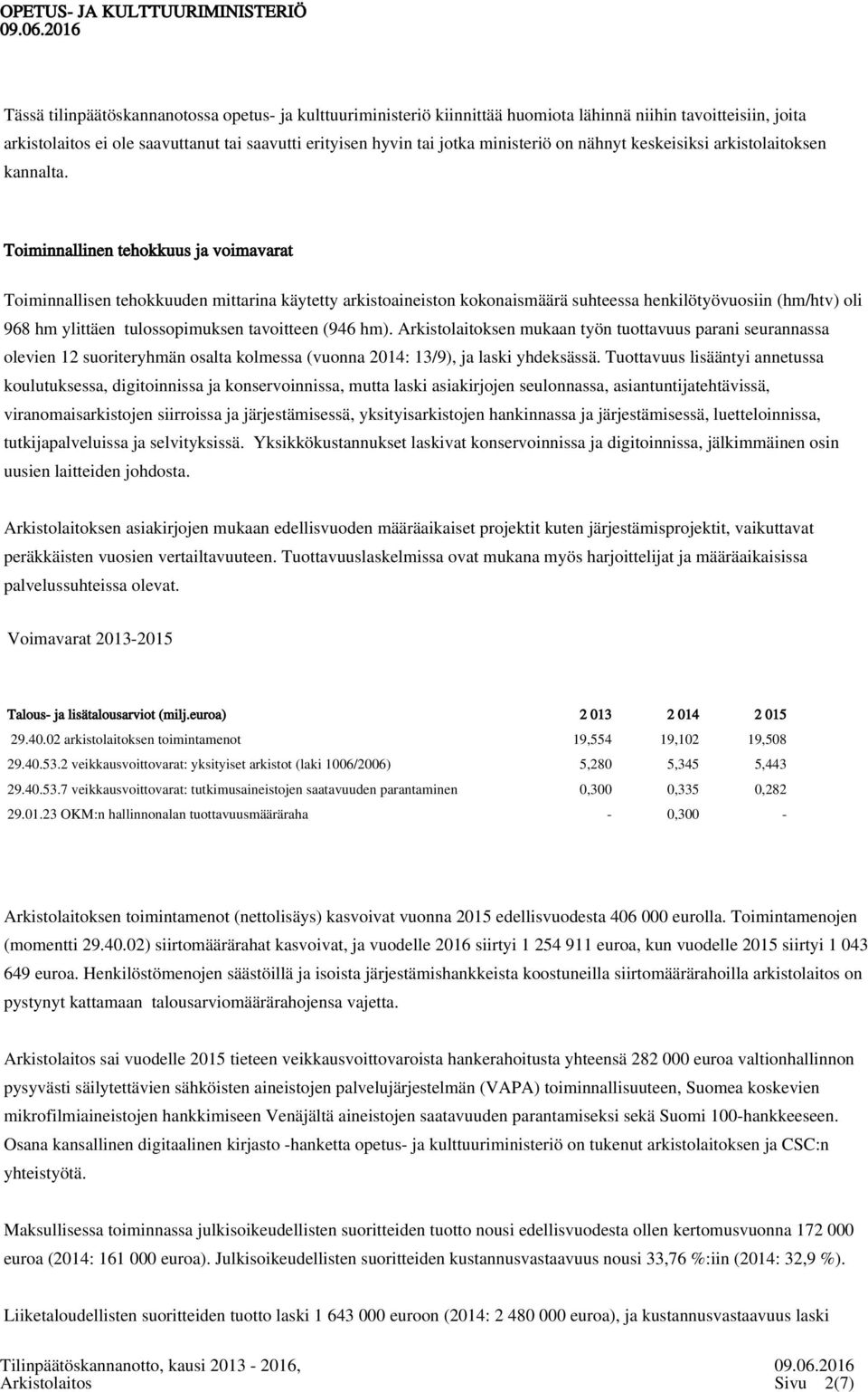 Toiminnallinen tehokkuus ja voimavarat Toiminnallisen tehokkuuden mittarina käytetty arkistoaineiston kokonaismäärä suhteessa henkilötyövuosiin (hm/htv) oli 968 hm ylittäen tulossopimuksen tavoitteen