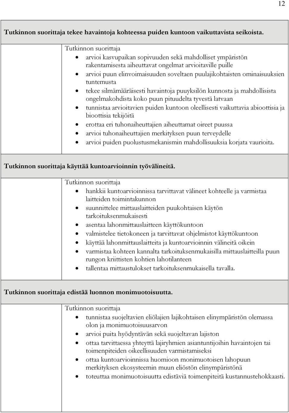 tekee silmämääräisesti havaintoja puuyksilön kunnosta ja mahdollisista ongelmakohdista koko puun pituudelta tyvestä latvaan tunnistaa arvioitavien puiden kuntoon oleellisesti vaikuttavia abioottisia